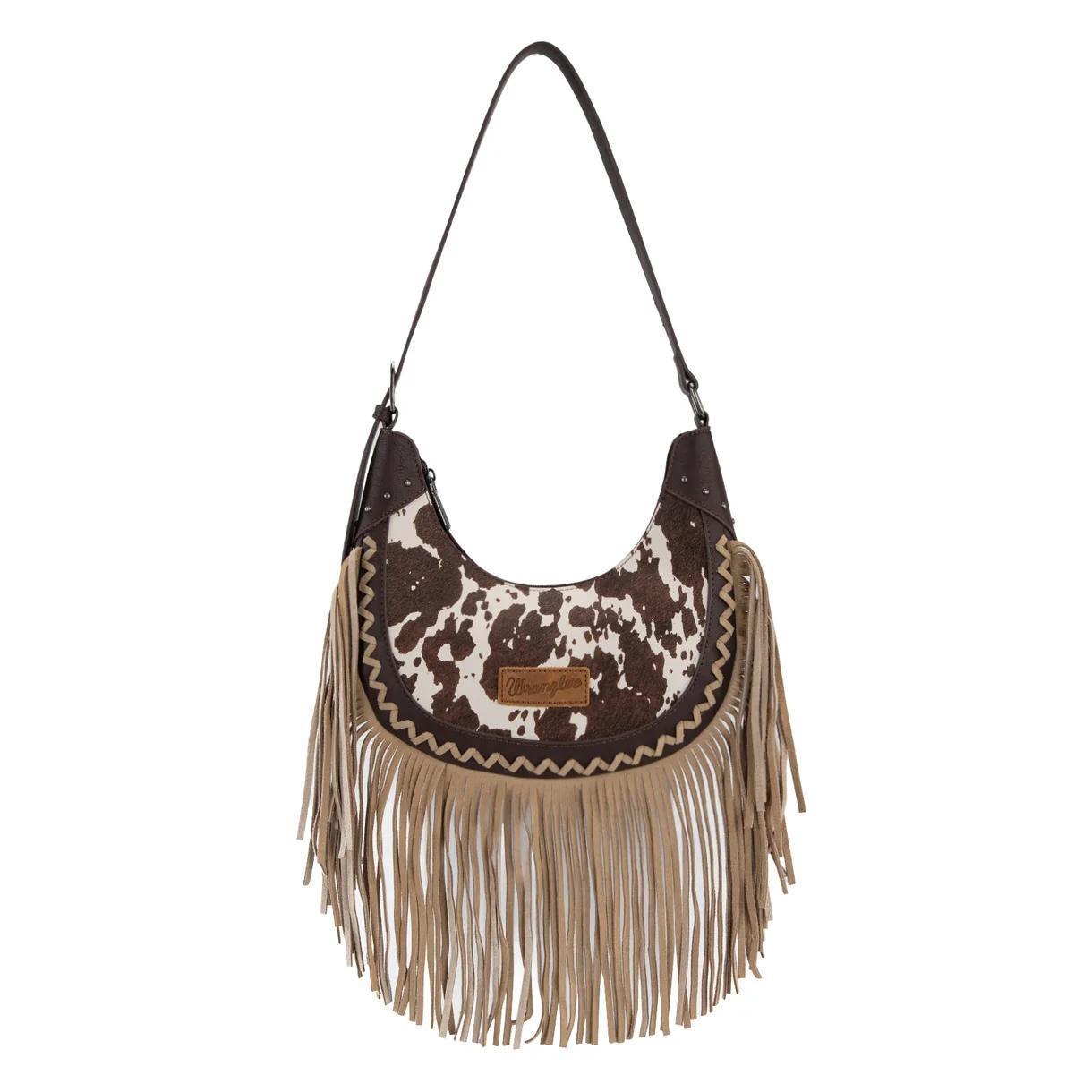 Wrangler Cow Print Fringe Shoulder Hobo Bag