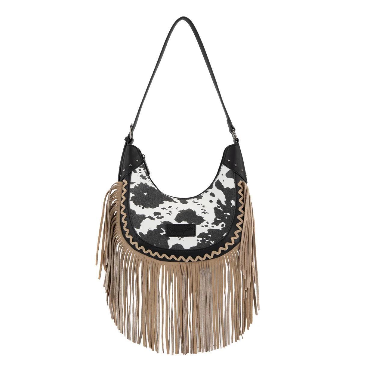 Wrangler Cow Print Fringe Shoulder Hobo Bag